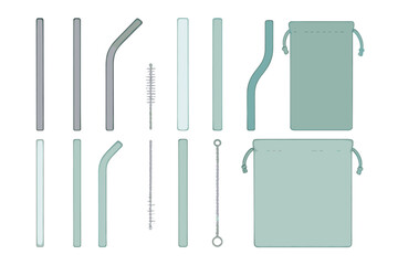 Sustainable zero waste kit featuring reusable drinking straws cleaning brushes and drawstring storage bags