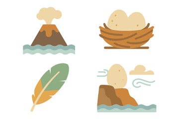Prehistoric and nature symbols: erupting volcano, bird nest with eggs, single feather, and egg on coastal cliff