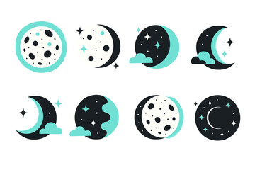 Minimalist set of celestial symbols showing different moon phases, starry night sky, and stylized clouds