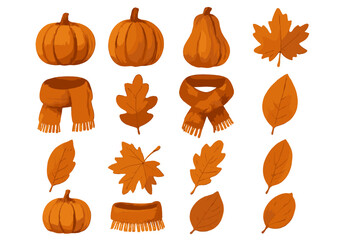 Collection of orange pumpkins, dry autumn leaves, and warm knitted scarves for fall harvest design