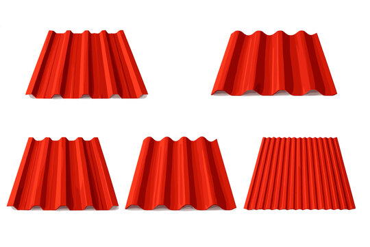 Collection of red corrugated metal roofing panels showcasing various profiles and textures