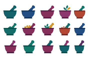 Colorful mortar and pestle icons set representing pharmacy and herbal medicine