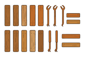 Stylized wooden boards and construction tools set for game design elements