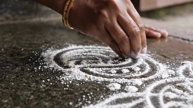 A woman's hand skillfully draws a traditional Indian Rangoli, an intricate Kolam design, with white powder on a stone floor.