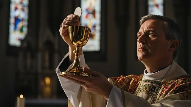 A priest holding a chalice and host during a religious ceremony. Man performing a catholic mass in church for worship.