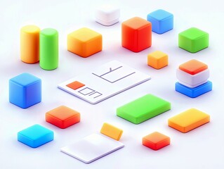 Obraz premium A variety of colorful geometric shapes, including cubes, cylinders, and rectangular prisms, are scattered across a clean white surface.