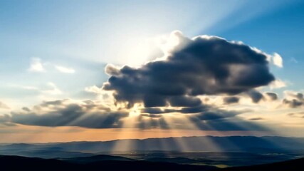 Dramatic Sunset Sky with Sun Rays Peeking Through Dark Clouds Over Mountain Landscape. - Powered by Adobe