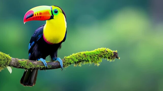 Colorful Toucan Perched: A vibrant toucan, boasting a large, multi-colored bill, perches gracefully on a moss-covered branch, offering a captivating glimpse into the exotic world of avifauna.