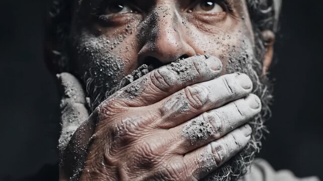 In a powerful display of emotion, a man stands in silence, his hands covering his mouth. His weathered face tells stories of struggle and resilience.