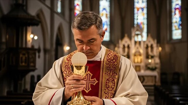 Caucasian man priest performing eucharist ritual in church. Priest holding chalice and host during worship service. Christianity and religion.