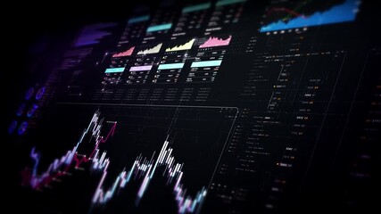 Futuristic financial trading dashboard motion background with glowing charts, analytics interface, stock market graphs, and real-time fintech data visualization design - Powered by Adobe
