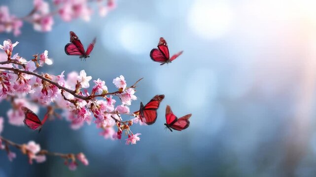 Butterfly blossom red butterflies flying around pink cherry blossoms nature springtime