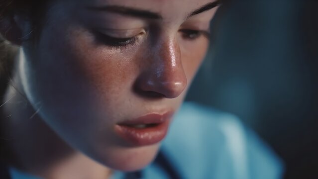 Cinematic close-up of a pensive young woman's face, her worried expression highlighted by dramatic lighting, lost in deep thought