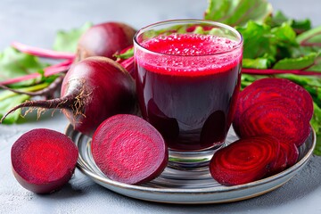 Fresh beetroot juice in a transparent glass, surrounded by whole beetroots and sliced pieces on a plate, showcasing vibrant colors and healthy lifestyle concept