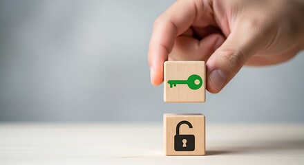 Hand placing a key on a lock cube, symbolizing unlocking secrets, access, or solutions