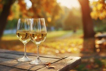 Two wine glasses on a wooden table outdoors
