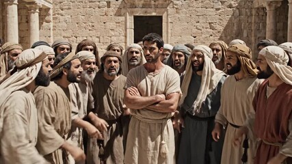 In an ancient town, a heated discussion unfolds among a large crowd gathered around a central figure. Tensions escalate as voices rise, showcasing a passionate debate that captivates onlookers.