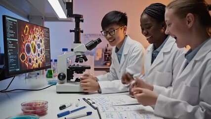 Diverse students in lab coats collaborate on scientific research using microscope and computer - Powered by Adobe