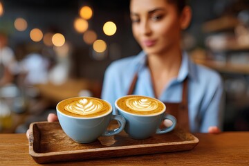 Woman in café uniform offering steaming coffee cups, creating an inviting and professional hospitality atmosphere.