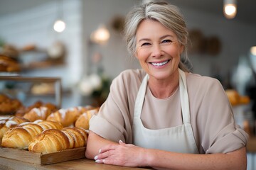Elderly female baker proudly presenting her bakery, filled with warm lighting, fresh pastries, and genuine passion for baking.