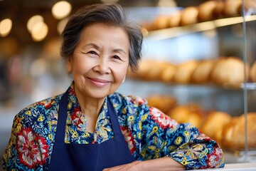 Elderly Asian woman in bakery uniform smiles warmly while standing behind a counter filled with freshly baked bread, showcasing her dedication to the art of baking and customer service