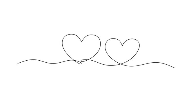 Hand drawn sketch of two heart symbol. Single continuos line love doodle. 