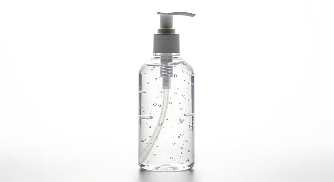 A clear bottle of hand sanitizer with a pump dispenser on a white background with small bubbles inside