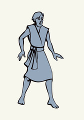 Vector drawing. Fearfull man in ancient dress
