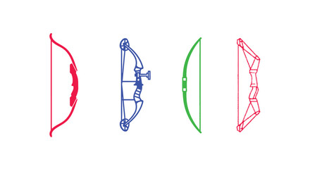 Four colorful line drawings depicting different styles of archery bows