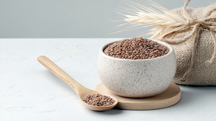 A close-up shot of a bowl and wooden spoon filled with flax seeds, with a burlap sack and wheat stalks in the background.