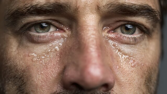 A deeply poignant and raw close-up captures the profound human emotion of a man openly weeping, with tears visibly streaming down his face, conveying intense sadness and emotional distress