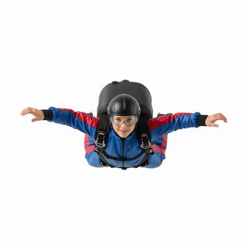 Skydiver in flight suit with helmet and goggles isolated on white background experiencing freefall and extreme adventure