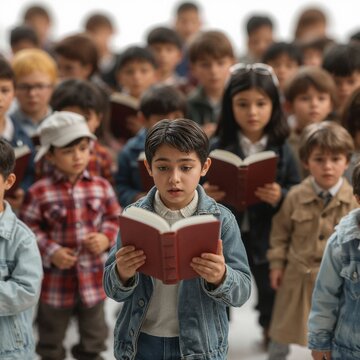 Diverse group of children singing together while holding books in a choir rehearsal, wearing casual and trendy outfits