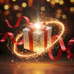A beautifully wrapped gift box with a glowing light, red ribbon, and sparkling golden particles creating a festive and magical atmosphere