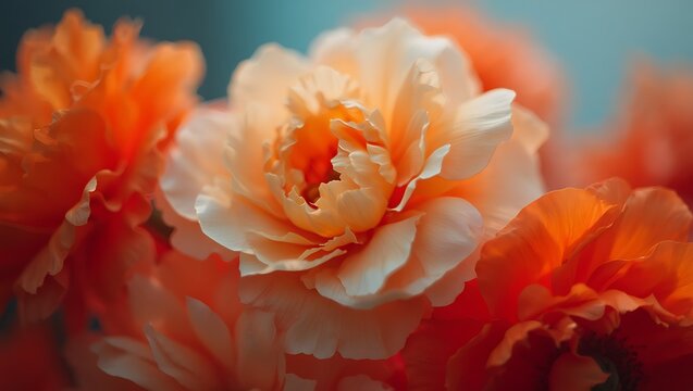 Closeup of a cluster of vibrant orange and peachcolored flowers, with soft, ruffled petals and bright centers, creating a warm and inviting floral display