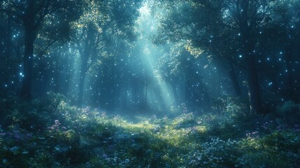 Fototapeta premium Magical forest path with glowing lights and flowers.