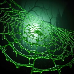 Eerie green spider web covered in dew drops, with a spooky forest silhouette in the background