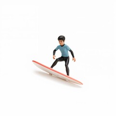 Fototapeta premium Toy surfer figure in wetsuit on surfboard isolated on white minimal background, surfing miniature action concept