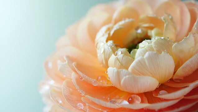 Soft focus macro photograph of a pale peach ranunculus flower, revealing layers of delicate, ruffled petals adorned with glistening water droplets, set against a serene, light bluegreen background