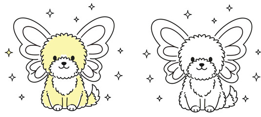 Fototapeta premium Adorable Fluffy Puppy with Fairy Wings and Stars - Enchanting Coloring Page for Kids