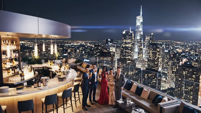 Rooftop Celebration - Friends Toasting with City Skyline Backdrop.