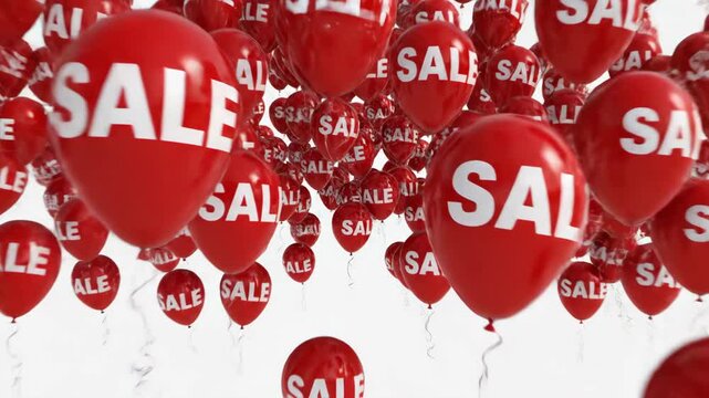 A large group of red balloons with the word sale printed on them floating black friday sale - Powered by Adobe