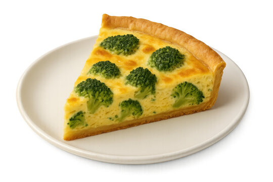 Slice of broccoli quiche on a white plate, offering a savory baked tart with a creamy egg filling and flaky crust