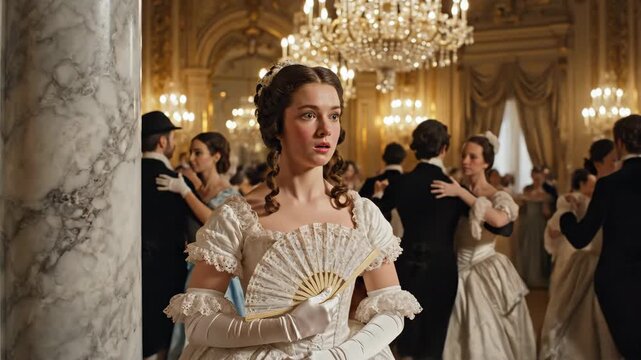 In a lavish ballroom filled with chandeliers, guests in exquisite vintage attire dance elegantly. A young woman stands out, smiling warmly as the event unfolds around her, radiating joy and grace.