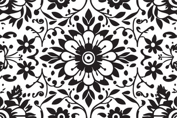Black and white floral vector pattern, seamless damask design, textile print eps silhouette