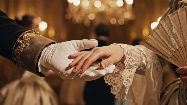 In a beautifully lit ballroom, a gentleman offers his gloved hand to a lady, whose delicate fingers reach out. Surrounded by elegance, the atmosphere is filled with romance and graceful interactions.
