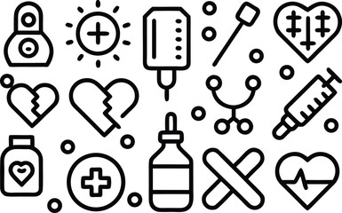 Medical and healthcare icons: health, illness, and treatment symbols