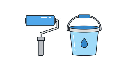 Blue Paint Roller and Bucket with Water Drop Icon Illustration.