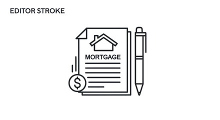 Black and white line art icon representing a home mortgage contract loan agreement and financial document.