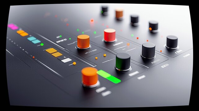 A detailed view of a professional digital audio mixing console, featuring various colored illuminated buttons and rotary knobs.